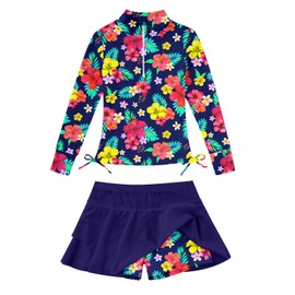 Girls 2-Piece Rash Guard Swimsuit for Size 8-10 Hawaiian Flower Long Sleeve Bathing Suits 3D Print Cute Ruffle High Waisted Half Zip UV Protective 9-10 Years Old Swim Set Purple