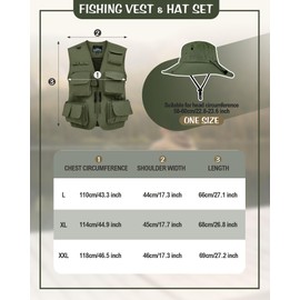 Shihanee 2 Pcs Fishing Vest and Hat for Men Multi Pocket Safari Vest Jacket for Outdoor Work Summer Travel Cargo Hunting(Army Green,XXL)