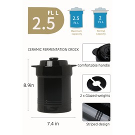 Ceramic Fermentation Crock, Sauerkraut Crock Jar 2 Liter/0.5 Gallon with Stone Weights and Lid, Easy to Clean (Black)