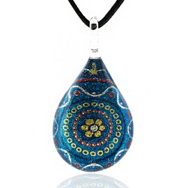 CHUVORA Hand Blown Glass Multi-Color Blue Flower Mandala Art Pendant Necklace, 17-19 inches