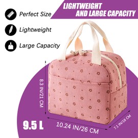 Lunch Bags for Women Men - Corduroy Insulated Lunch Tote Bag for Adults and Kids, Reusable Thermal Lunch Box Cooler Bento Bag for Work School Picnic Travel Flower Red