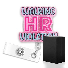 ERHACHAIJIA Walking HR Violation Retractable Pink Glitter Badge Reel with Clip, Funny ID Badge Holder Gift for Office Worker Night Shift Coworker, Human Resource Gift, Thank You Gift for New Office
