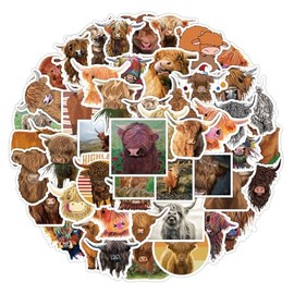 Highland Cow Stickers 50 Pcs, Cute Highland Cattle Stickers for Teens,Vinyl Cute Cow Stickers for Water Bottle Laptop Luggage Bike Car Phone Scrapbook Skateboard Computer