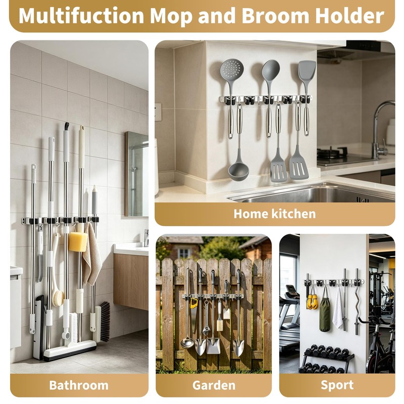 Fenas Broom Holder Wall Mount, Mop Organizer, 5 Racks, 4