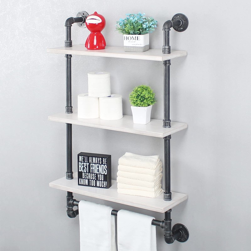 MBQQ Industrial Shelving,Bathroom Shelves with Towel bar,24in Rustic Metal Pipe