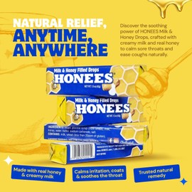 Honees Honey Filled Cough Drops, Milk & Honey- Natural Cough Drops- Sore Throat Relief - Nothing Artificial -Throat Lozenges, Natural Cough Suppressant- Non-GMO (6 Pack, 54 Drops)