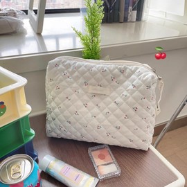 Cotton Makeup Bag Large Travel Cosmetic Bag Quilted Cosmetic Pouch Coquette Aesthetic Floral CuteToiletry Bag