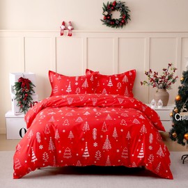 JSD Red Christmas Tree Kids Duvet Cover Set Queen Size, 3 Piece Xmas Comforter Cover with Pillow Sham Zipper Closure, Comforter Not Included
