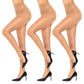 MANZI 3 Pairs Shiny Pantyhose for Women 15D Shimmer Sheer Tights High Waist Comfort Stockings with Control Top(Natural,Small)