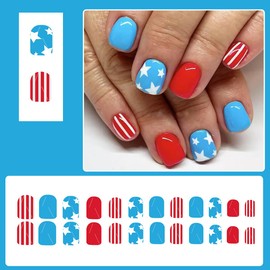 4th of July Press on Nails Short Square Fake Nails Star Acrylic Nails Independence Day Glue on Nails Patriotic False Nails Full Cover Blue Stick on Nails Red Stripe Artificial Nails for Women 24Pcs