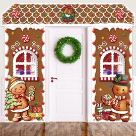 3 Piece Christmas Gingerbread House Decorations, Christmas Gingerbread Door Covers Backdrop, Hanging Door Banner for Porch Party Winter outdoor Decor, Photography Photo Background Decor