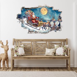 LHIUEM 3D Christmas Wall Decals Santa Claus Reindeer Eve Wall Stickers 3D Large Merry Christmas Decals Funny Xmas Sledge Decals Removable Big Moon Winter Wall Clings for Living Room Bedroom Classroom