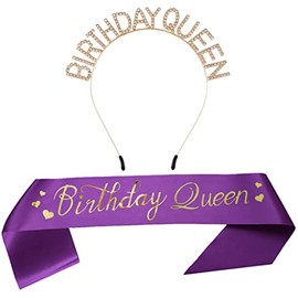 Dgasin Birthday Tiara and Sash Birthday Queen Headband Hair Band Hair Hoop Birthday Crown Party Supplies Party Decorations for Women Girls (Gold)