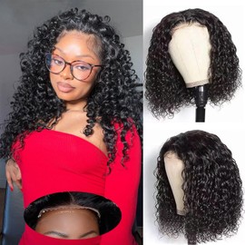 Fronbanis Bob Wig Human Hair 12 Inches Glueless Wigs Human Hair Pre Plucked Pre Cut 5x5 Short Curly Human Hair Wig For Black Women 180 Density Deep Wave Closure Wigs Human Hair Natural Black