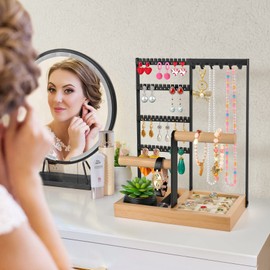 Godboat Jewelry Holder, 4-Tier Earring Holder with 48 Holes, 6 Hooks Necklace Holder, Bracelet Holder and Makeup Organizer, Ring Holder with Jewelry Box, Cool Room Decor and Preppy Stuff (Black)