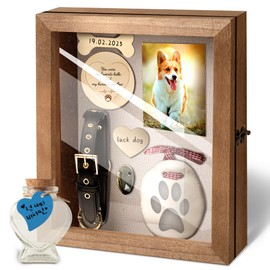 CALPALMY Pet Memorial Box - 11" x 9" Wooden Keepsake Shadow Box Kit with Paw Print Clay, Memorial Bottle & Photo Frame – Pet Loss Sympathy Gift for Dogs & Cats
