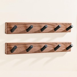 LECHYN 2 Pack 17.3" Small Wooden Coat Rack Wall Mounted with 5 Pegs Hooks, Entryway Wall Hooks Coat Hanger for Hanging Towel Jacket Clothes Hat Backpack Key Holder Hook Rail by Black Walnut Wood