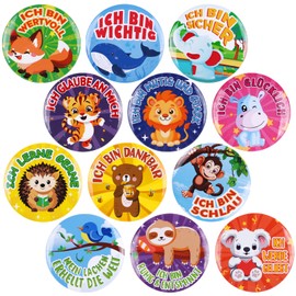 MEJOSER Pack of 12 Buttons Badges Children Animals Sayings in German Motivation School Gift Girls Boys School Cone Filling Children's Birthday Party Party Bag Rewards