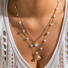 Boho Starfish Seashell Layered Necklace Gold Silver Plated Dainty Charm Double Layer Sea Shell Lucky Stars Ocean Animal Chain Necklace for Women Hawaiian Summer Beach Vacation Jewelry Gifts (White)
