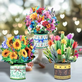 3D Pop-Up Flower Bouquet Card, Roses Sunflowers Succulents Greeting Card for Birthday, Mother's Day, Anniversary, Wedding, Valentine's Day, Get Well, Sympathy, Congratulations, Thank You, Holiday