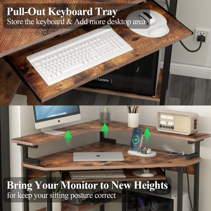 Triangle Corner Desk with Charging Station and LED Light for