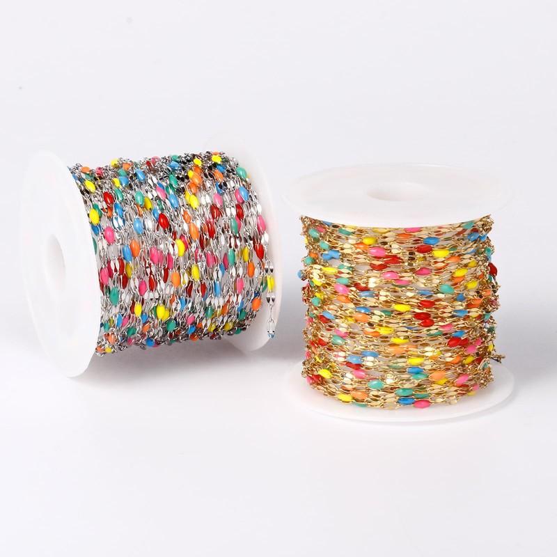 16.5FT 18K Gold PVD Plated Colorful Enamel Chain Roll, 2MM