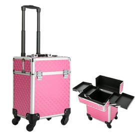 YIYIONCE Rolling Makeup Train Case 4 Trays Cosmetology Case Cosmetic Organizer Trolley Lockable Make up case on Wheels Hair Stylist Travel Case for Makeup-Artists Hairdressers | US STOCK (Peach)