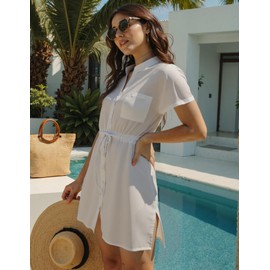 HRUTANE Women Swimsuit Coverup Button Down Bathing Suit Cover Ups V Neck Beach Bikini Swimwear 2025 Vacation Outfits,A-White L