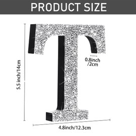 Qunclay Silver Crystal Diamond Bling Letters Crushed Diamond Decorations Glitter Letters with Screws and Hooks Rhinestone Gifts for Wedding Birthday Wall Bedroom Bathroom Decor(Letter T,5.7"l X 5.7"w)