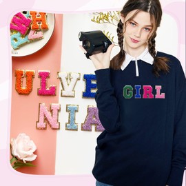 Jongdari Chenille Letter Patches Self-Adhesive & Iron-On Letters, 52pcs Varsity Fuzzy Patch Glitter Alphabet - 52pcs, Multicolored