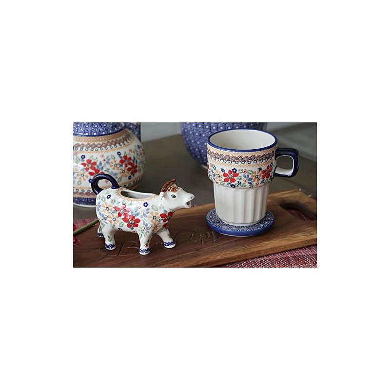 Blue Rose Polish Pottery - Red Daisy Cow Creamer -