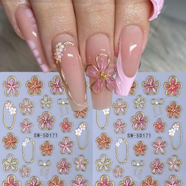 Flower Art Stickers Decals 5D Embossed Flowers Nail Decals 2PCS Pink Petal Floral Golden Circle Bow Design Nail Adhesive Sliders Flower Stickers for Nails Spring Manicure Decoration