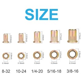 Vmuter Rivet Nuts 130Pcs Kits, 40pcs #10-24, 40pcs #8-32, 30 pcs 1/4-20, 10 pcs 5/16"-18, 10 pcs 3/8-16UNC Rivet Nut, Carbon Steel Flat Head Rivnut Threaded Insert Nut, Knurled Body Nuts
