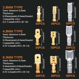 iTYOOS 315 Pieces 2.8mm/4.8mm/6.3mm Male and Female Wire Spade Connectors, Wire Crimp Terminal Block, Electrical Wire Connectors with Insulating Sleeve Kit Brass Plated Gold