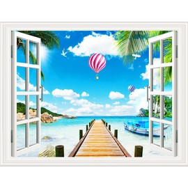 THNWSY 3D Self-Adhesive Painting Fake Window Wall Stickers Tropical Island with Palm Trees Wall Mural Window View Wall Decor for Home (17.3"×27.6", Beach Bridge)