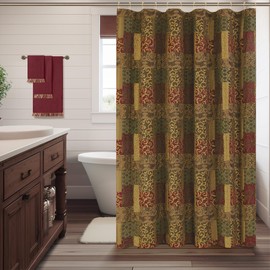Loom and Mill Damask Fabric Shower Curtain Set, Patchwork Bathroom Shower Curtain Sets with 12 Metal Hooks, Waterproof Heavy Duty Bathroom Curtains for Home Decor Wall Divider 72" W x 72" L, Red&Gold
