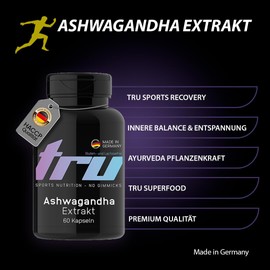 TRU Sports Nutrition | Ashwagandha Extrakt - 60 Kapseln - 1000mg Ashwagandha-Extrakt pro Tag - enthält Withanolide - Hochdosiert - 100% Vegan | Herstellung & Laborprüfung in Deutschland