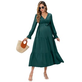 FUNJULY Maternity Dress Women's Summer V-Neck Maternity Maxi Dress with Belt Baby Shower Dress Maternity Photography Dress longgreen M