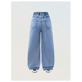 WDIRARA Girl's Bow Print Ripped Wide Leg Baggy Jeans High Waisted Asymmetrical Denim Pants Medium Blue 12Y