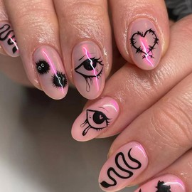 ANDGING Nude Press on Nails Almond Short Pink Fake Nails with Black Snake Eye Heart Design Gel Glue on Nails for Women Girls Acrylic False Nails with Glue Stick on Nails for Wedding Birthday 24Pcs