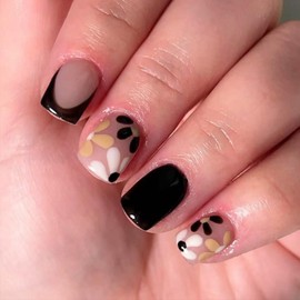 Short Square Press on Nails Flower Fake Nails with White Floral Design Daisy Stick on Nails Glossy Black French Tip False Nails Reusable Full Cover Black Glue on Nails for Women Girls Manicure 24Pcs