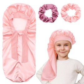 Tyqour Kids Bonnets for Girls Kid Bonnet Silk Bonnet for Kids Adjustable Long Tie Satin Hair Bonnet for Sleeping, Pink & Purple