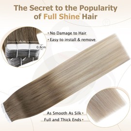 Full Shine Remy Human Hair Tape In Extensions 20 Inch Ombre Hair Tape Ins Color 8 Ash Brown Fading To 18 Ash Blonde and 60 Platinum Blonde Balayage Tape Hair Double Sided 40 Pieces 100 Grams