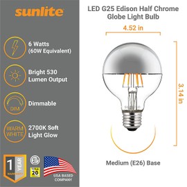 Sunlite LED G25 (G80) Edison Half Chrome Globe Light Bulb, 6 Watts (60W=), Standard E26 Base, 530 Lm, Dimmable, Decorative Silver Bowl, Anti-Glare, Title-20 Compliant, 2700K Soft White, 1 Pack