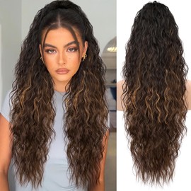 KooKaStyle Ponytail Extension 30 Inch Drawstring Pony Tails Hair Extensions for Women Long Curly Ponytail Synthetic Hairpieces for Daily Use（Brown with Blonde Highlights）