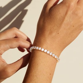 AGRULE 14K Gold Diamond Bracelet for Wedding Birthday Sterling Silver 5mm Chunky Birthstone Tennis Bracelets 5a Cubic Zirconia Wrist Link Bracelet for Women, 7.25 Inch