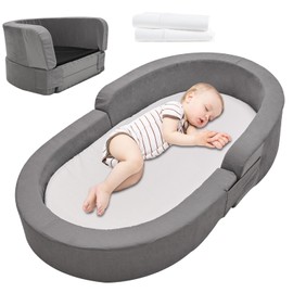 LILYPELLE Toddler Travel Bed, 2-in-1 Toddler Travel Beds Sofa Chair, Foldable Portable Toddler Bed Travel Cot with Sheet & Carry Bag, Folding Toddler Floor Bed, Gray