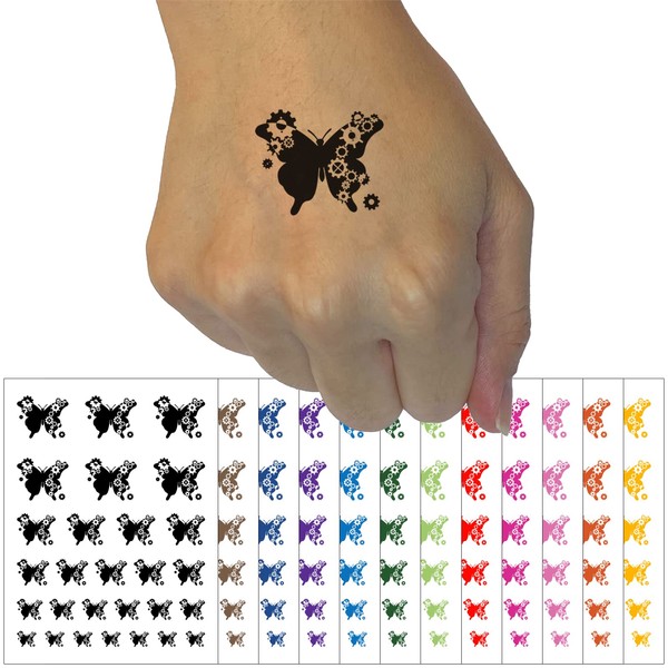 Butterfly Silhouette With Asymmetrical Steampunk Gears Temporary Tattoo Water Resistant