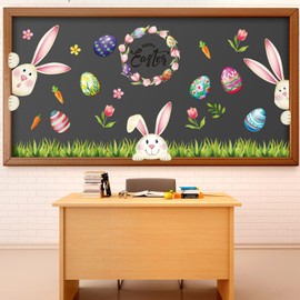 Mooliwe Easter Bulletin Board Set Happy Easter Classroom Decorations with Grass Border Trim Colorful Bunny Egg Cutouts for Easter Spring Party Supplies Classroom Home Wall Decor