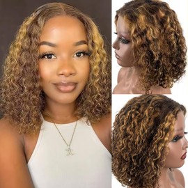 Highlight Wear and Go Glueless Wigs Human Hair Pre Plucked Pre Cut 4/27 Deep Curly Bob Wig Lace Front Wigs for Black Women Human Hair 180% Density 4x4 Lace Closure Glueless Bob Wigs Human Hair 12 Inch